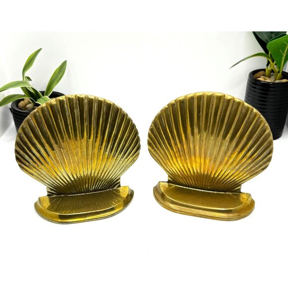 Vintage Brass Shell Bookends Pair Nautical Coastal Decor - Picture 5 of 7